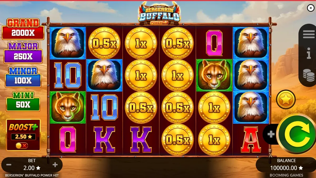 Pemandangan mistis dari slot Beserkin’ Buffalo dengan latar belakang padang rumput liar dan badai petir.