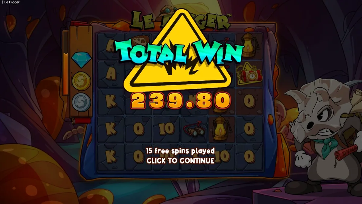 Smokey si rakun sedang menambang di slot Le Digger